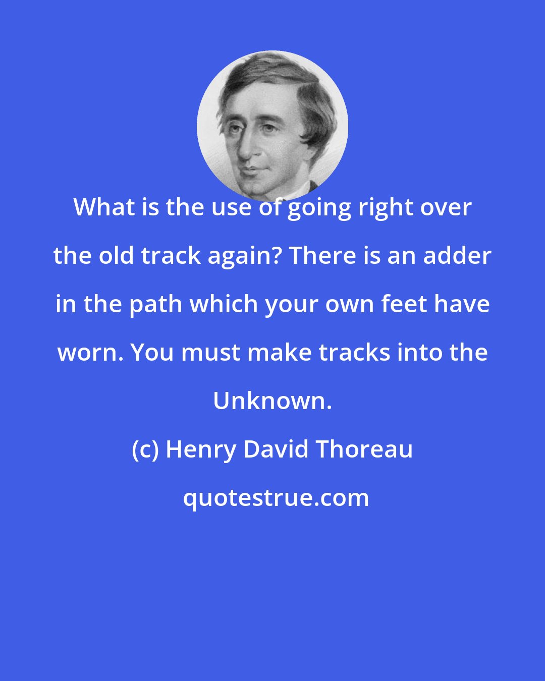 Henry David Thoreau: What is the use of going right over the old track again? There is an adder in the path which your own feet have worn. You must make tracks into the Unknown.