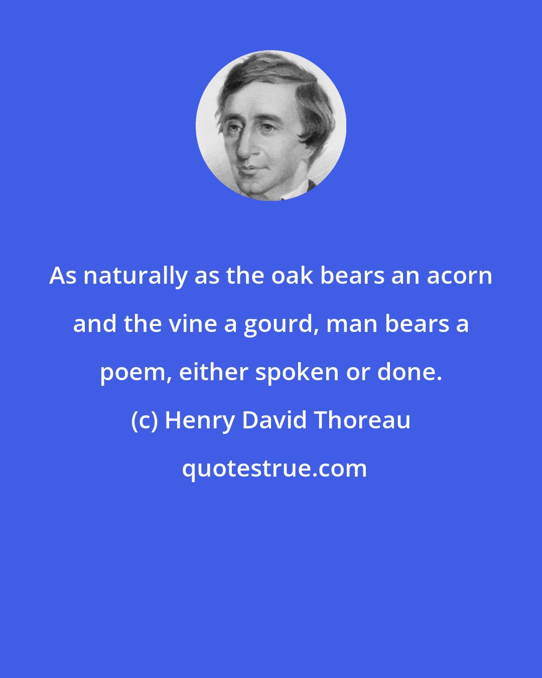 Henry David Thoreau: As naturally as the oak bears an acorn and the vine a gourd, man bears a poem, either spoken or done.