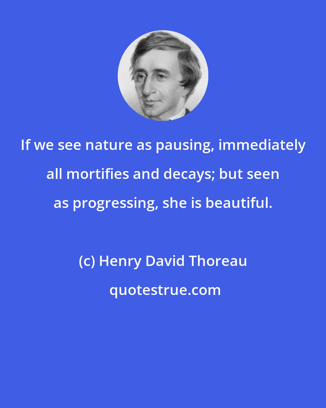 Henry David Thoreau: If we see nature as pausing, immediately all mortifies and decays; but seen as progressing, she is beautiful.