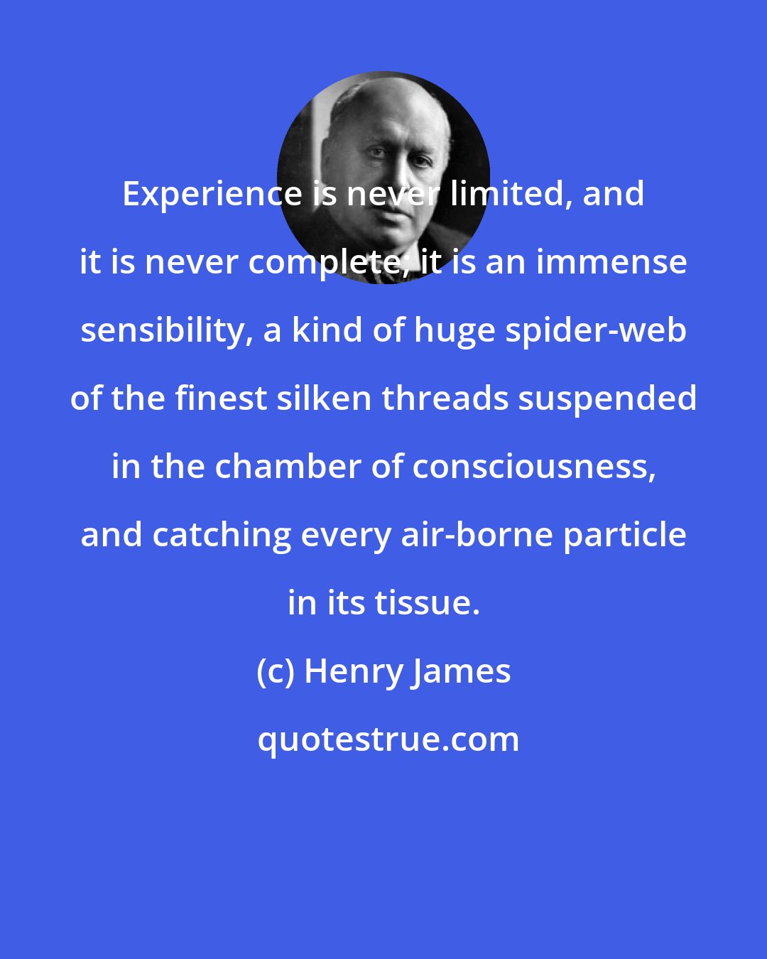 Henry James: Experience is never limited, and it is never complete; it is an immense sensibility, a kind of huge spider-web of the finest silken threads suspended in the chamber of consciousness, and catching every air-borne particle in its tissue.