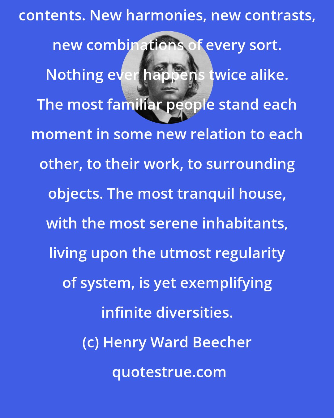 Henry Ward Beecher: Our days are a kaleidoscope. Every instant a change takes place in the contents. New harmonies, new contrasts, new combinations of every sort. Nothing ever happens twice alike. The most familiar people stand each moment in some new relation to each other, to their work, to surrounding objects. The most tranquil house, with the most serene inhabitants, living upon the utmost regularity of system, is yet exemplifying infinite diversities.