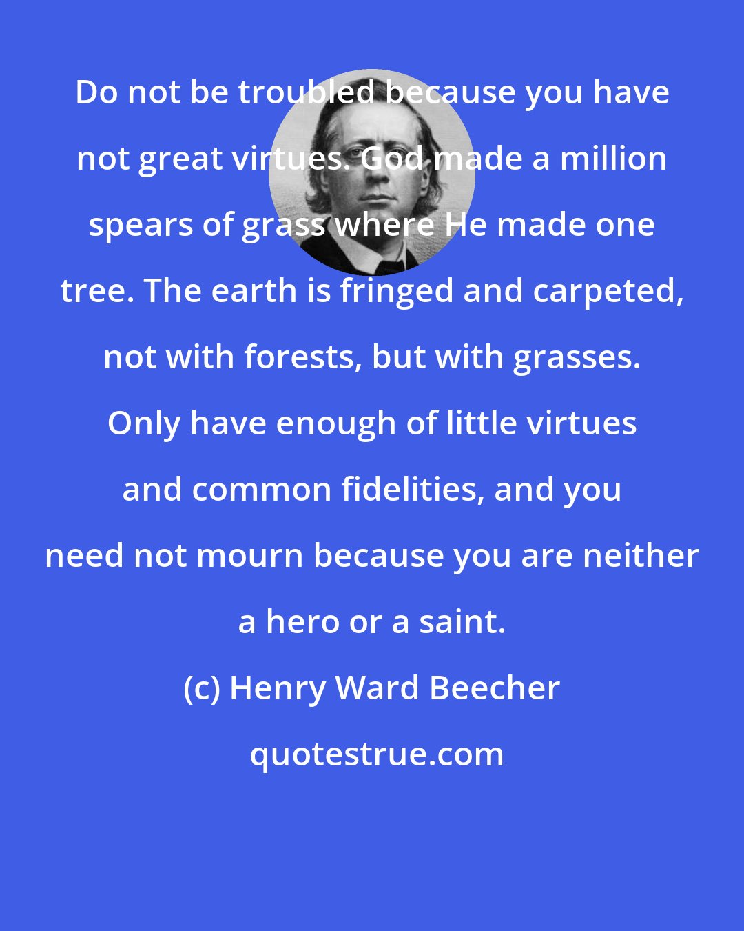 Henry Ward Beecher: Do not be troubled because you have not great virtues. God made a million spears of grass where He made one tree. The earth is fringed and carpeted, not with forests, but with grasses. Only have enough of little virtues and common fidelities, and you need not mourn because you are neither a hero or a saint.