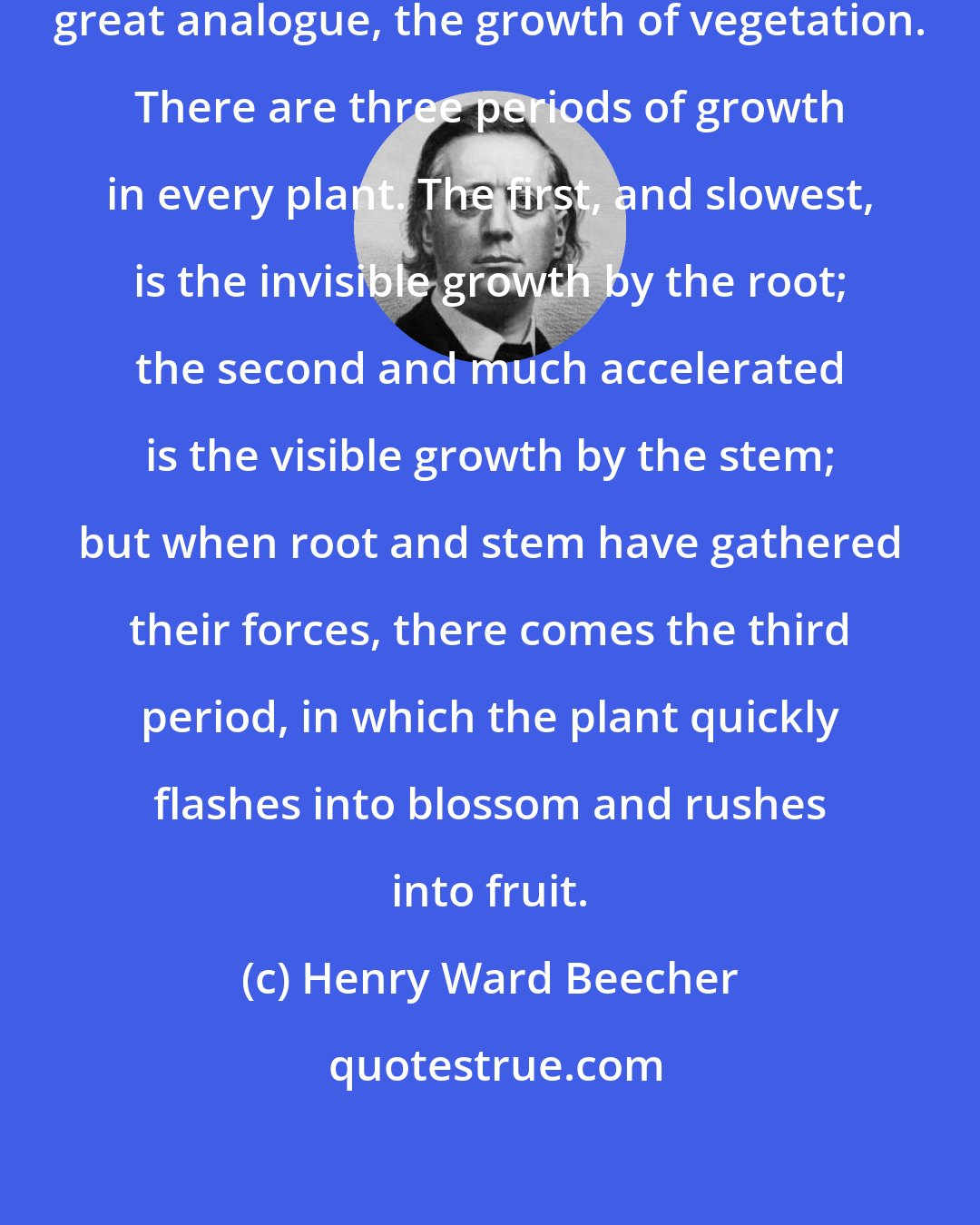 Henry Ward Beecher: All human affairs follow nature's great analogue, the growth of vegetation. There are three periods of growth in every plant. The first, and slowest, is the invisible growth by the root; the second and much accelerated is the visible growth by the stem; but when root and stem have gathered their forces, there comes the third period, in which the plant quickly flashes into blossom and rushes into fruit.