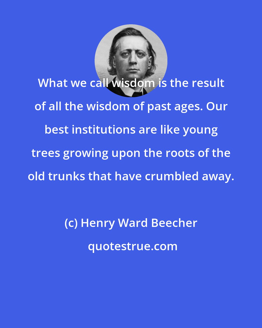 Henry Ward Beecher: What we call wisdom is the result of all the wisdom of past ages. Our best institutions are like young trees growing upon the roots of the old trunks that have crumbled away.