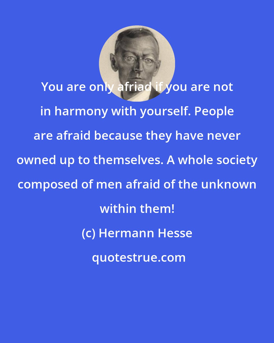 Hermann Hesse: You are only afriad if you are not in harmony with yourself. People are afraid because they have never owned up to themselves. A whole society composed of men afraid of the unknown within them!