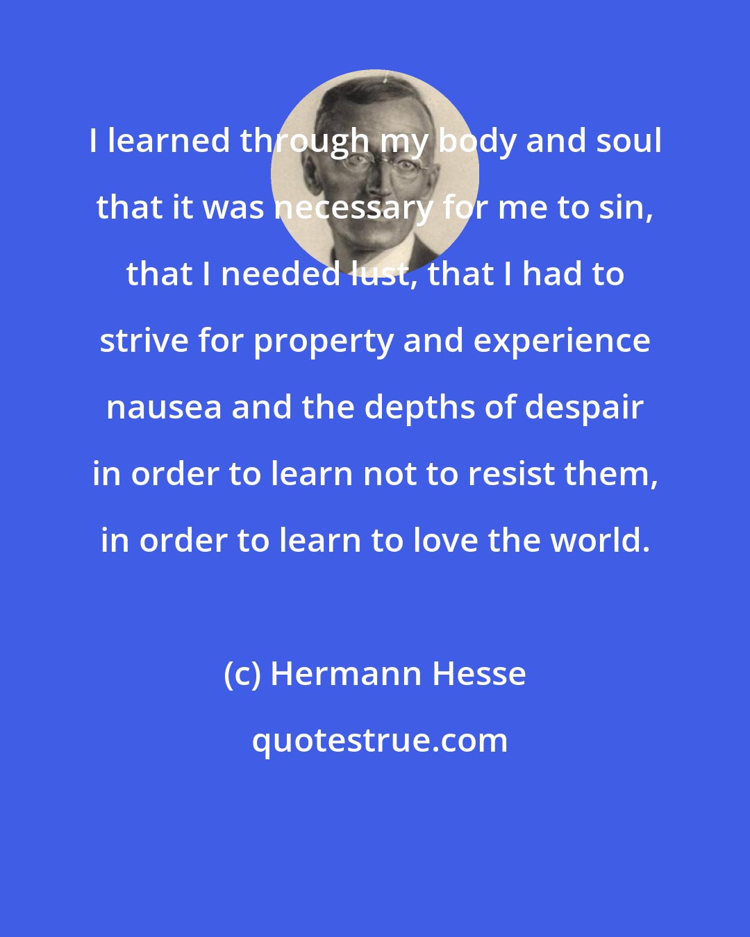 Hermann Hesse: I learned through my body and soul that it was necessary for me to sin, that I needed lust, that I had to strive for property and experience nausea and the depths of despair in order to learn not to resist them, in order to learn to love the world.