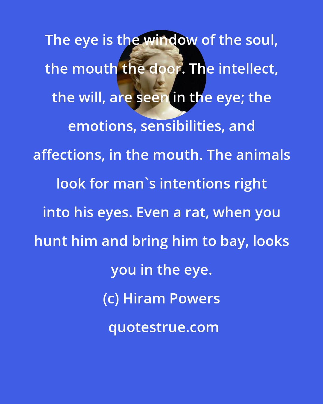 Hiram Powers: The eye is the window of the soul, the mouth the door. The intellect, the will, are seen in the eye; the emotions, sensibilities, and affections, in the mouth. The animals look for man's intentions right into his eyes. Even a rat, when you hunt him and bring him to bay, looks you in the eye.