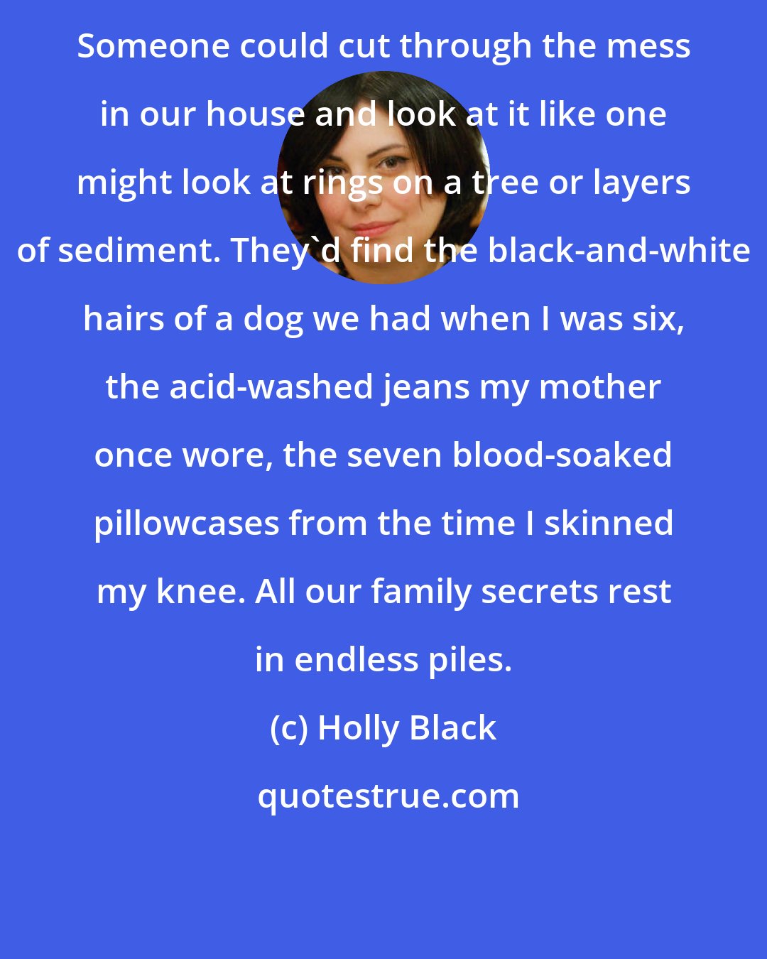 Holly Black: Someone could cut through the mess in our house and look at it like one might look at rings on a tree or layers of sediment. They'd find the black-and-white hairs of a dog we had when I was six, the acid-washed jeans my mother once wore, the seven blood-soaked pillowcases from the time I skinned my knee. All our family secrets rest in endless piles.