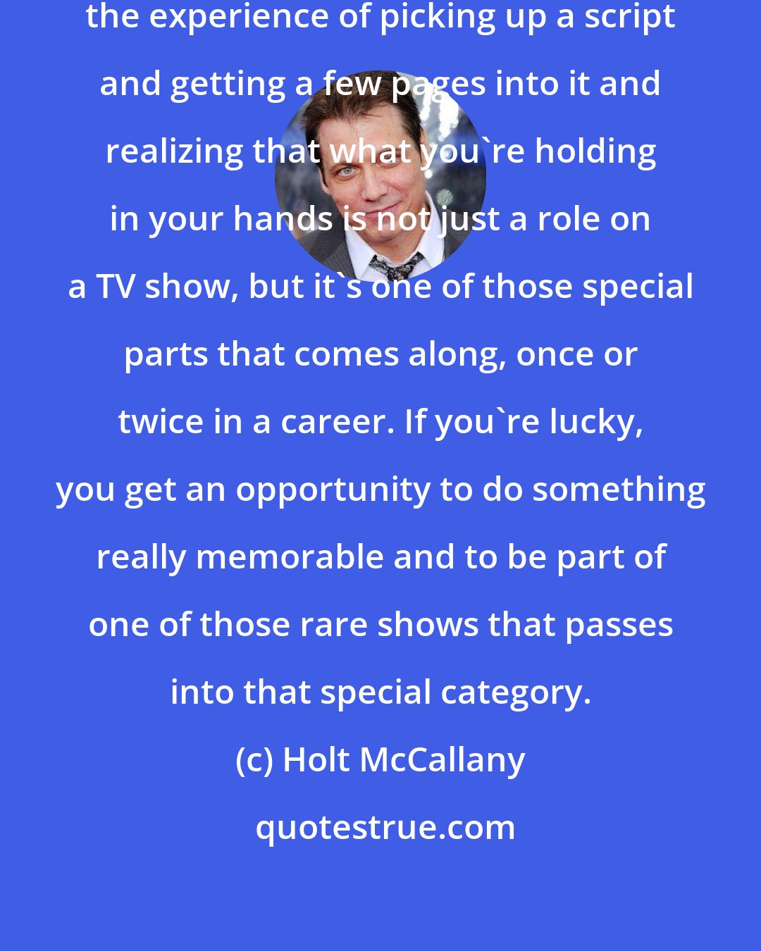 Holt McCallany: As an actor, you very rarely have the experience of picking up a script and getting a few pages into it and realizing that what you're holding in your hands is not just a role on a TV show, but it's one of those special parts that comes along, once or twice in a career. If you're lucky, you get an opportunity to do something really memorable and to be part of one of those rare shows that passes into that special category.
