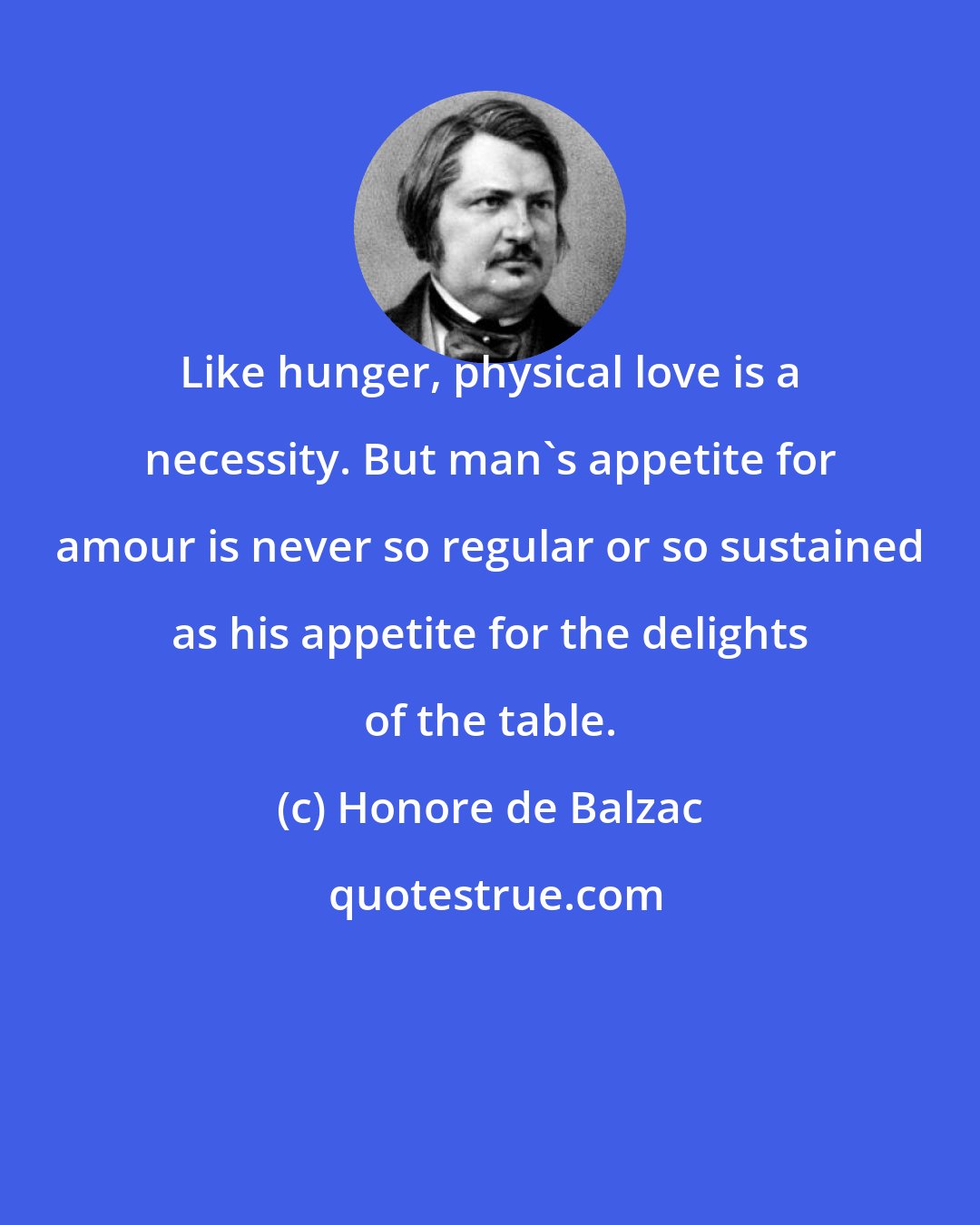 Honore de Balzac: Like hunger, physical love is a necessity. But man's appetite for amour is never so regular or so sustained as his appetite for the delights of the table.