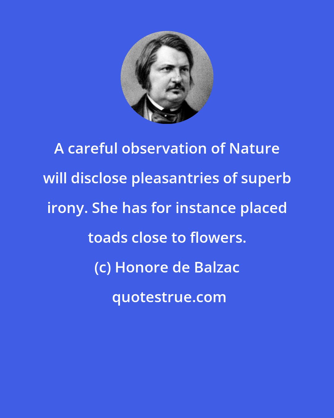 Honore de Balzac: A careful observation of Nature will disclose pleasantries of superb irony. She has for instance placed toads close to flowers.