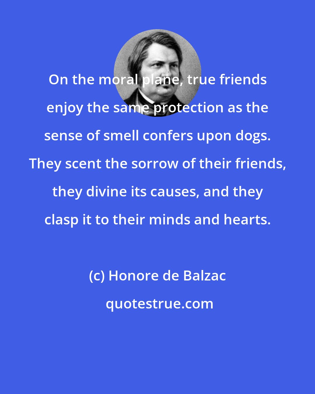 Honore de Balzac: On the moral plane, true friends enjoy the same protection as the sense of smell confers upon dogs. They scent the sorrow of their friends, they divine its causes, and they clasp it to their minds and hearts.