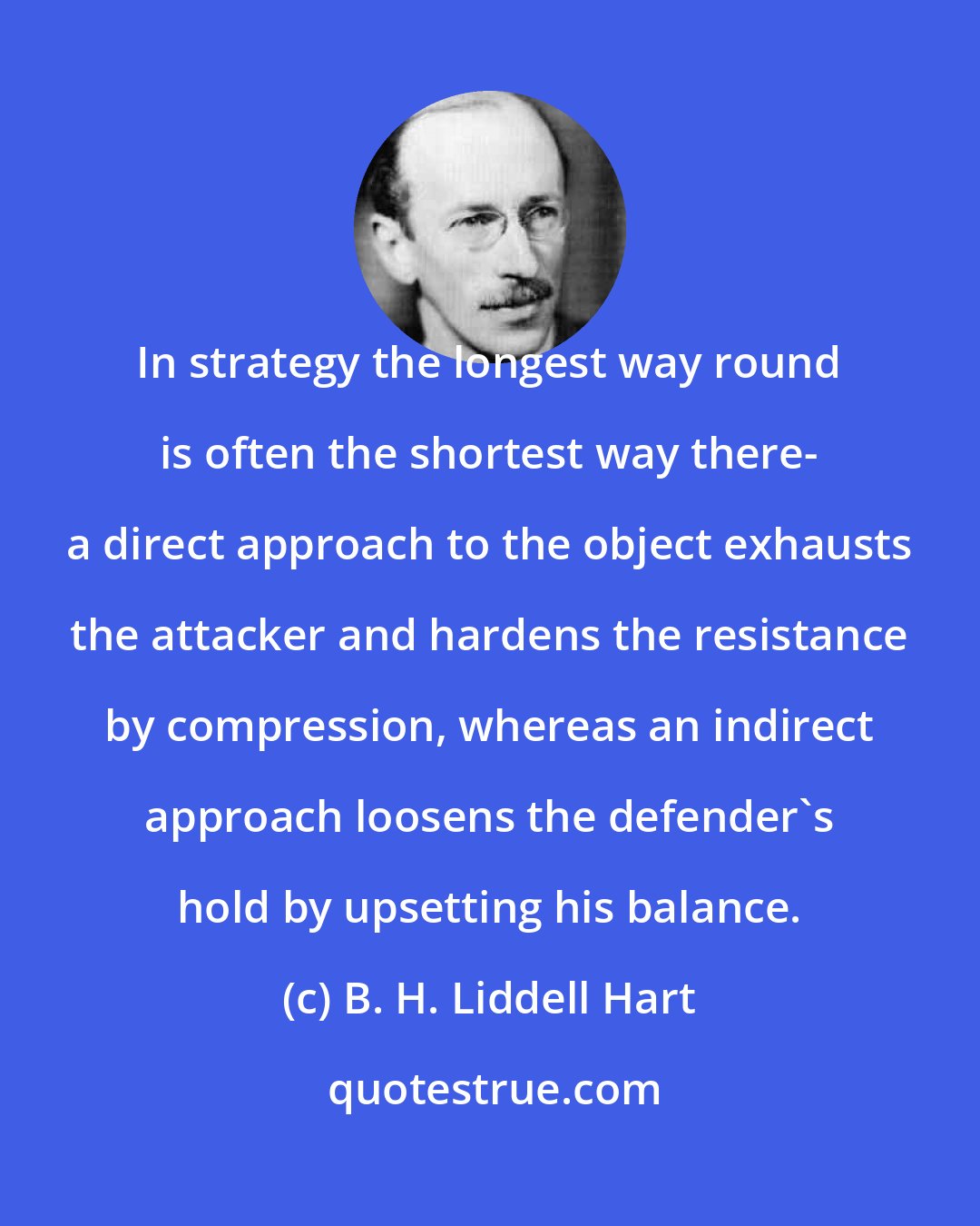 B. H. Liddell Hart: In strategy the longest way round is often the shortest way there- a direct approach to the object exhausts the attacker and hardens the resistance by compression, whereas an indirect approach loosens the defender's hold by upsetting his balance.
