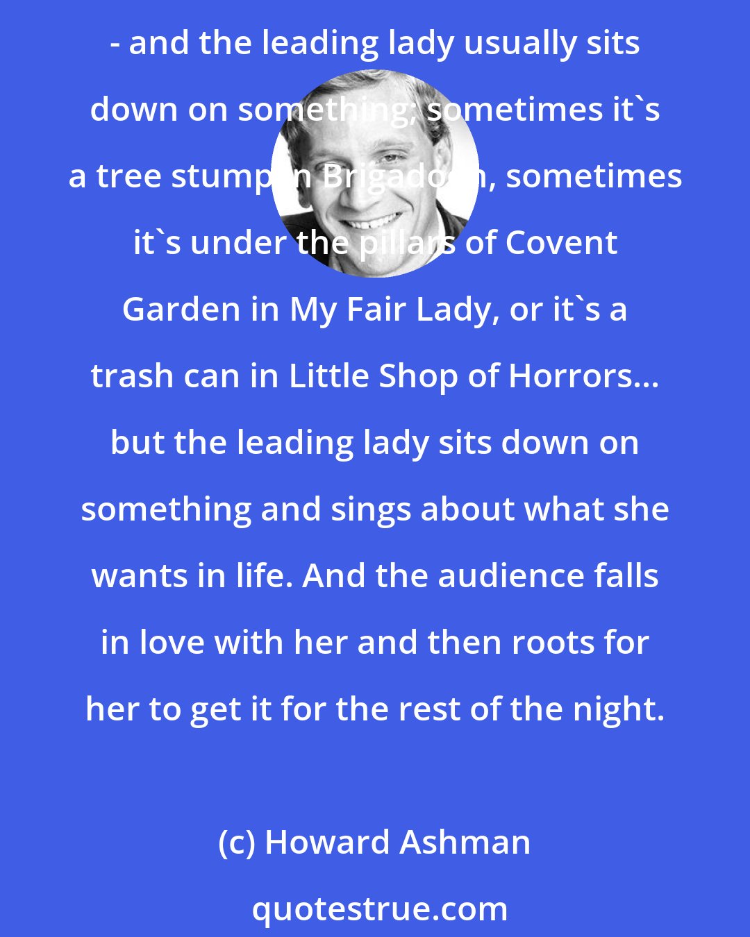 Howard Ashman: In almost every musical ever written, there's a place that's usually about the third song of the evening - sometimes it's the second, sometimes it's the fourth, but it's quite early - and the leading lady usually sits down on something; sometimes it's a tree stump in Brigadoon, sometimes it's under the pillars of Covent Garden in My Fair Lady, or it's a trash can in Little Shop of Horrors... but the leading lady sits down on something and sings about what she wants in life. And the audience falls in love with her and then roots for her to get it for the rest of the night.