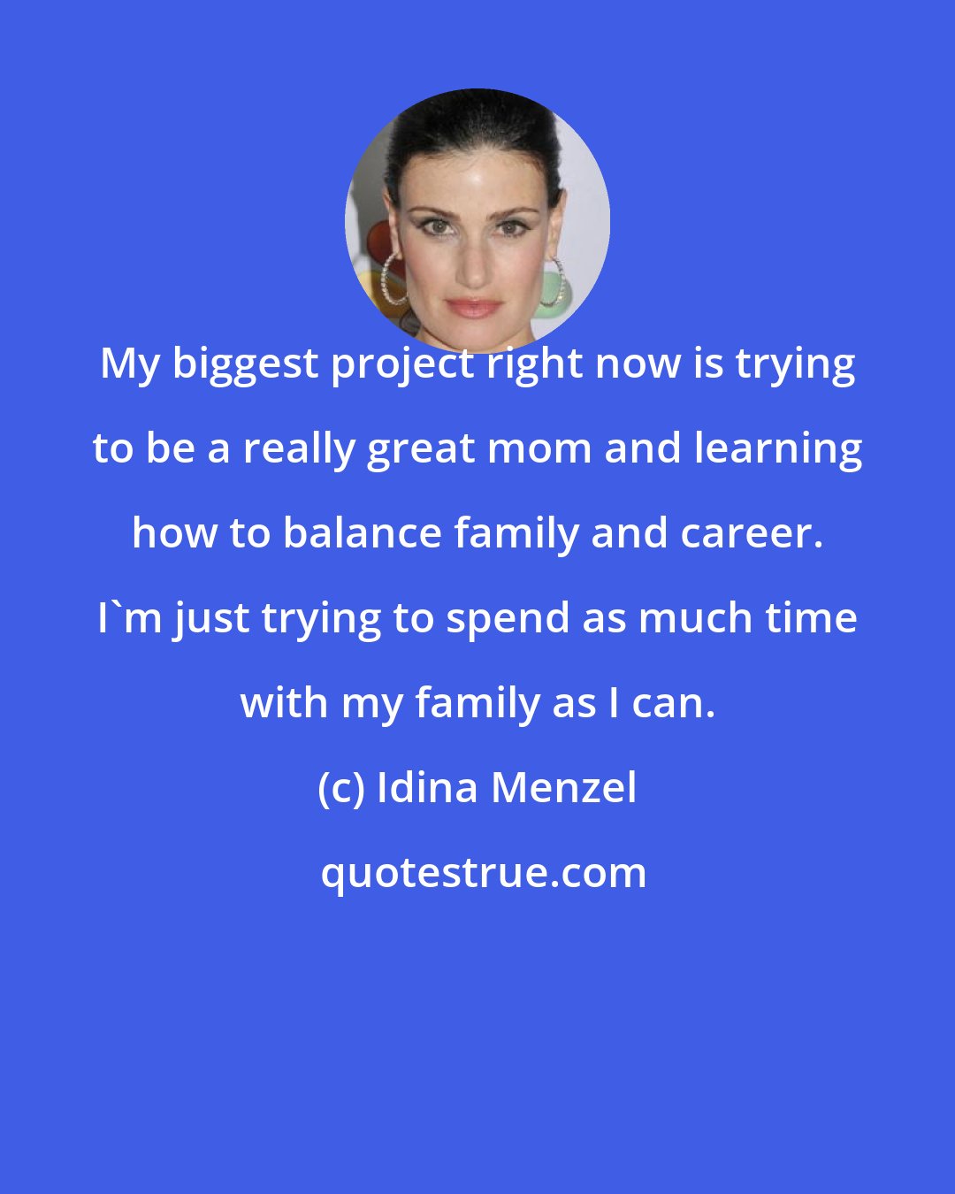 Idina Menzel: My biggest project right now is trying to be a really great mom and learning how to balance family and career. I'm just trying to spend as much time with my family as I can.
