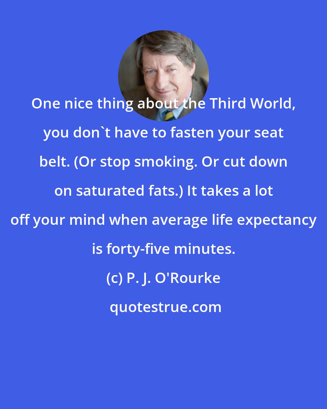 P. J. O'Rourke: One nice thing about the Third World, you don't have to fasten your seat belt. (Or stop smoking. Or cut down on saturated fats.) It takes a lot off your mind when average life expectancy is forty-five minutes.