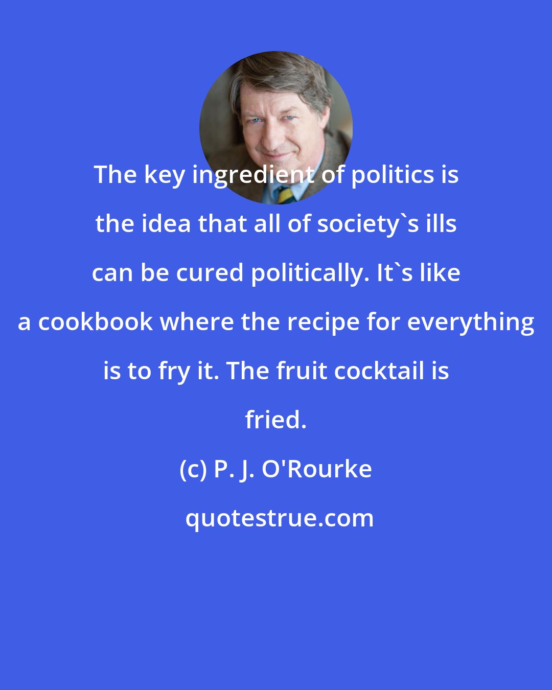 P. J. O'Rourke: The key ingredient of politics is the idea that all of society's ills can be cured politically. It's like a cookbook where the recipe for everything is to fry it. The fruit cocktail is fried.
