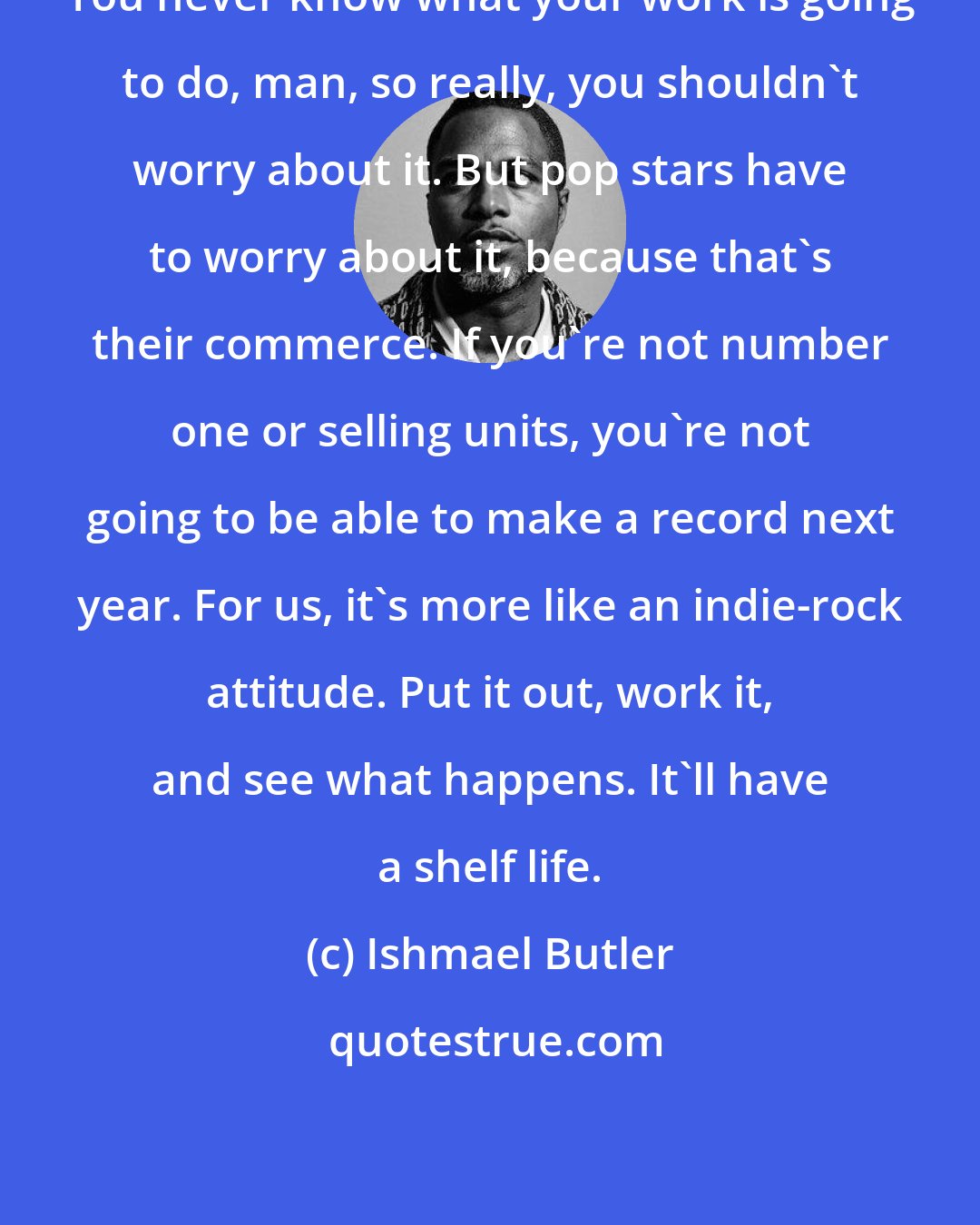 Ishmael Butler: You never know what your work is going to do, man, so really, you shouldn't worry about it. But pop stars have to worry about it, because that's their commerce. If you're not number one or selling units, you're not going to be able to make a record next year. For us, it's more like an indie-rock attitude. Put it out, work it, and see what happens. It'll have a shelf life.