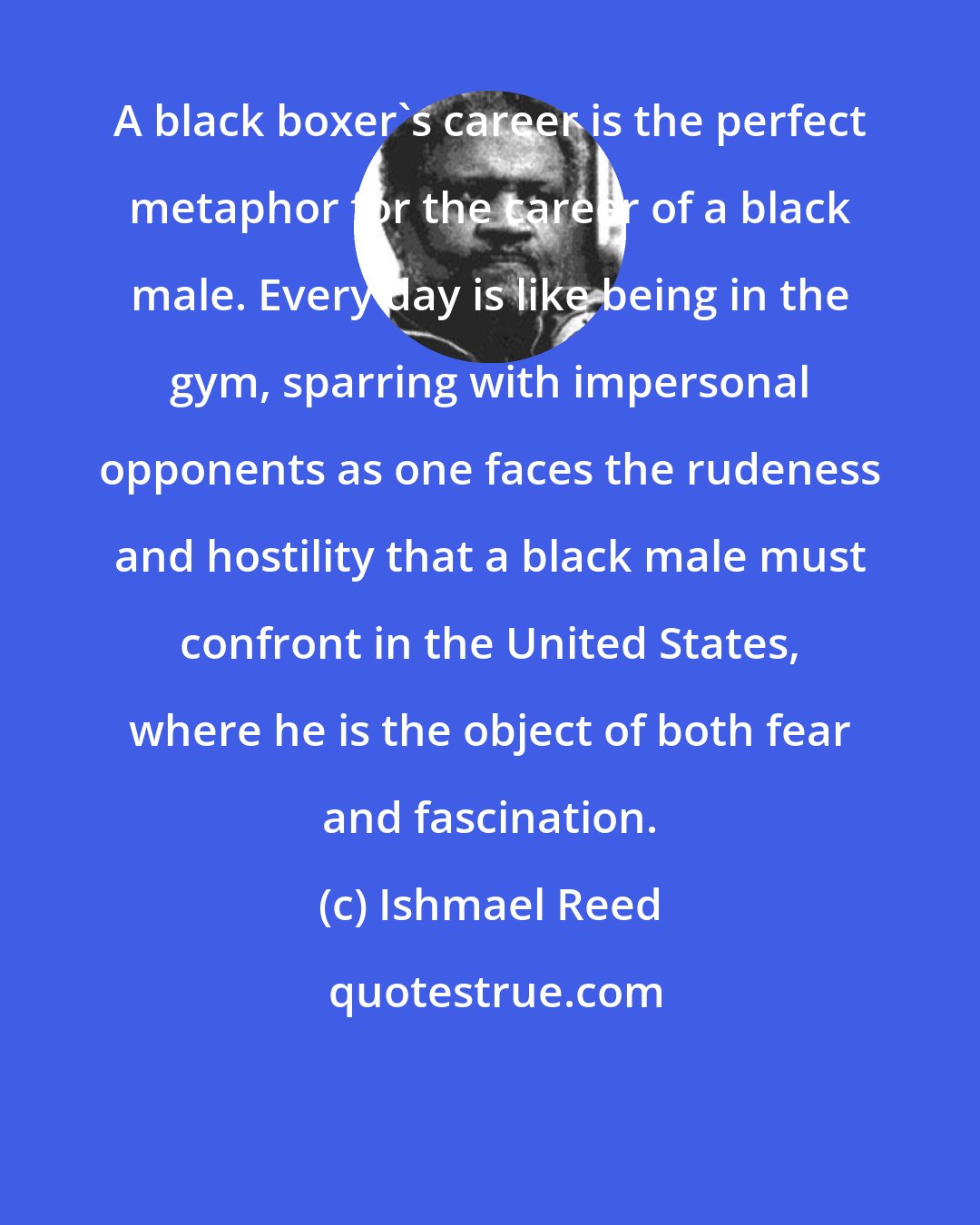 Ishmael Reed: A black boxer's career is the perfect metaphor for the career of a black male. Every day is like being in the gym, sparring with impersonal opponents as one faces the rudeness and hostility that a black male must confront in the United States, where he is the object of both fear and fascination.