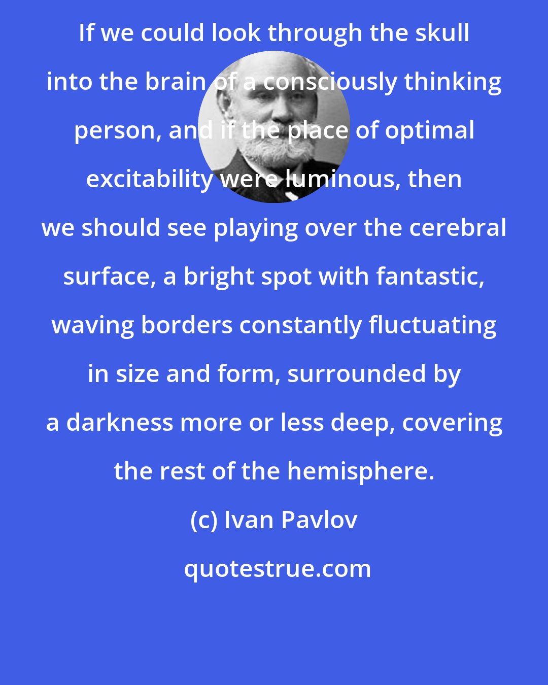 Ivan Pavlov: If we could look through the skull into the brain of a consciously thinking person, and if the place of optimal excitability were luminous, then we should see playing over the cerebral surface, a bright spot with fantastic, waving borders constantly fluctuating in size and form, surrounded by a darkness more or less deep, covering the rest of the hemisphere.
