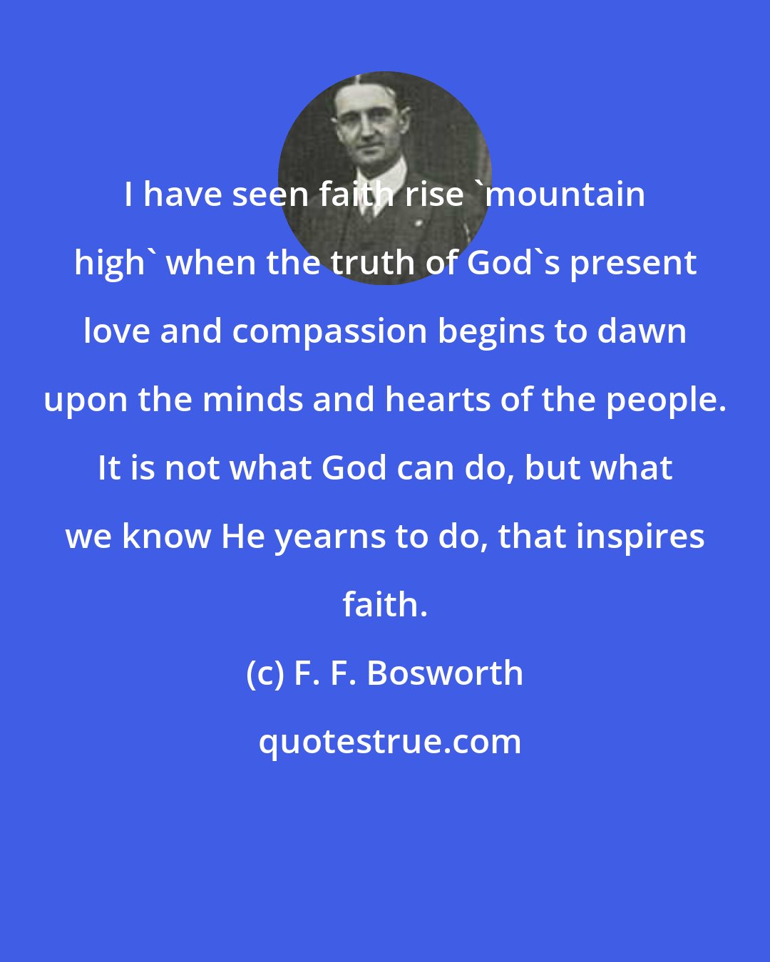 F. F. Bosworth: I have seen faith rise 'mountain high' when the truth of God's present love and compassion begins to dawn upon the minds and hearts of the people. It is not what God can do, but what we know He yearns to do, that inspires faith.