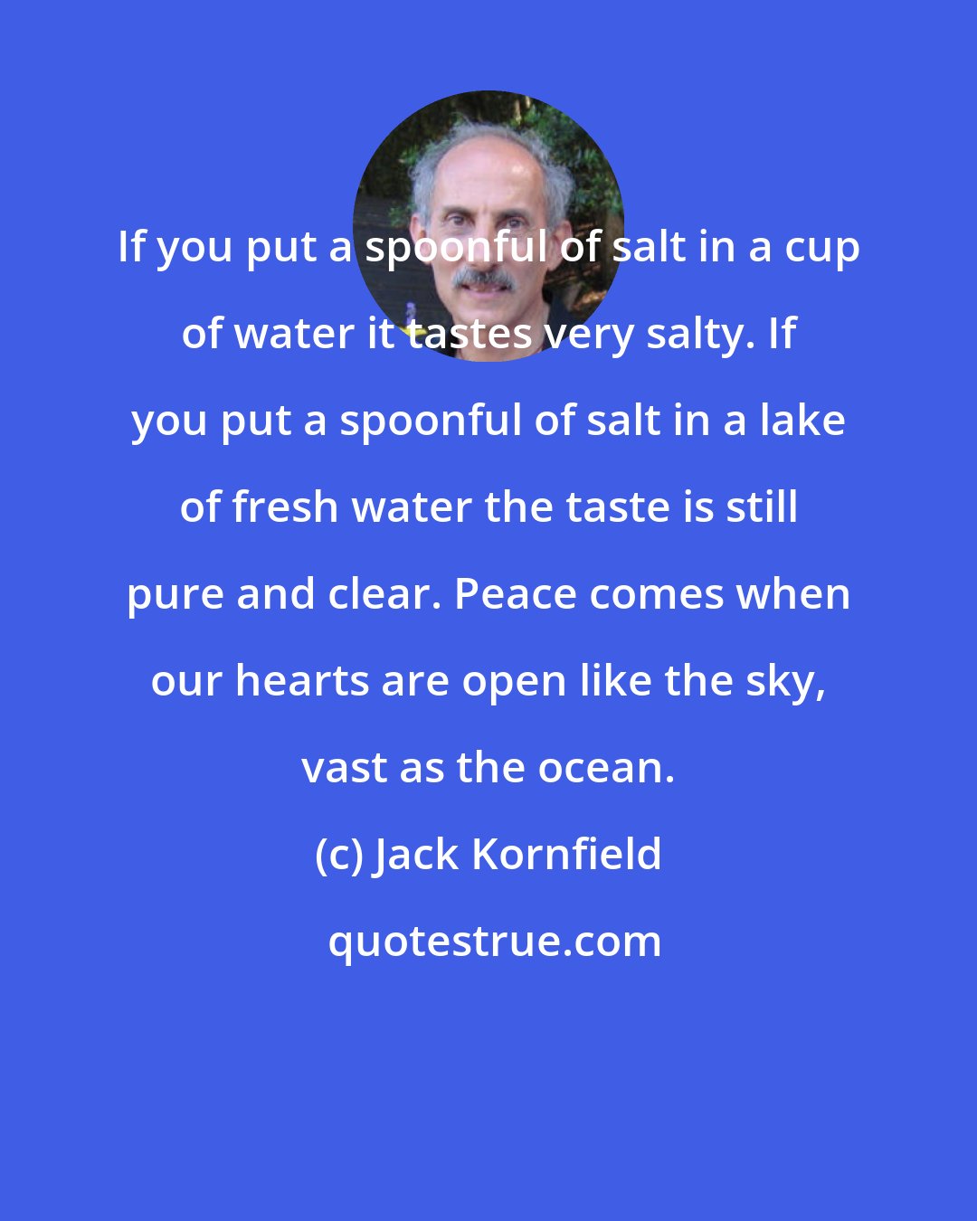 Jack Kornfield: If you put a spoonful of salt in a cup of water it tastes very salty. If you put a spoonful of salt in a lake of fresh water the taste is still pure and clear. Peace comes when our hearts are open like the sky, vast as the ocean.