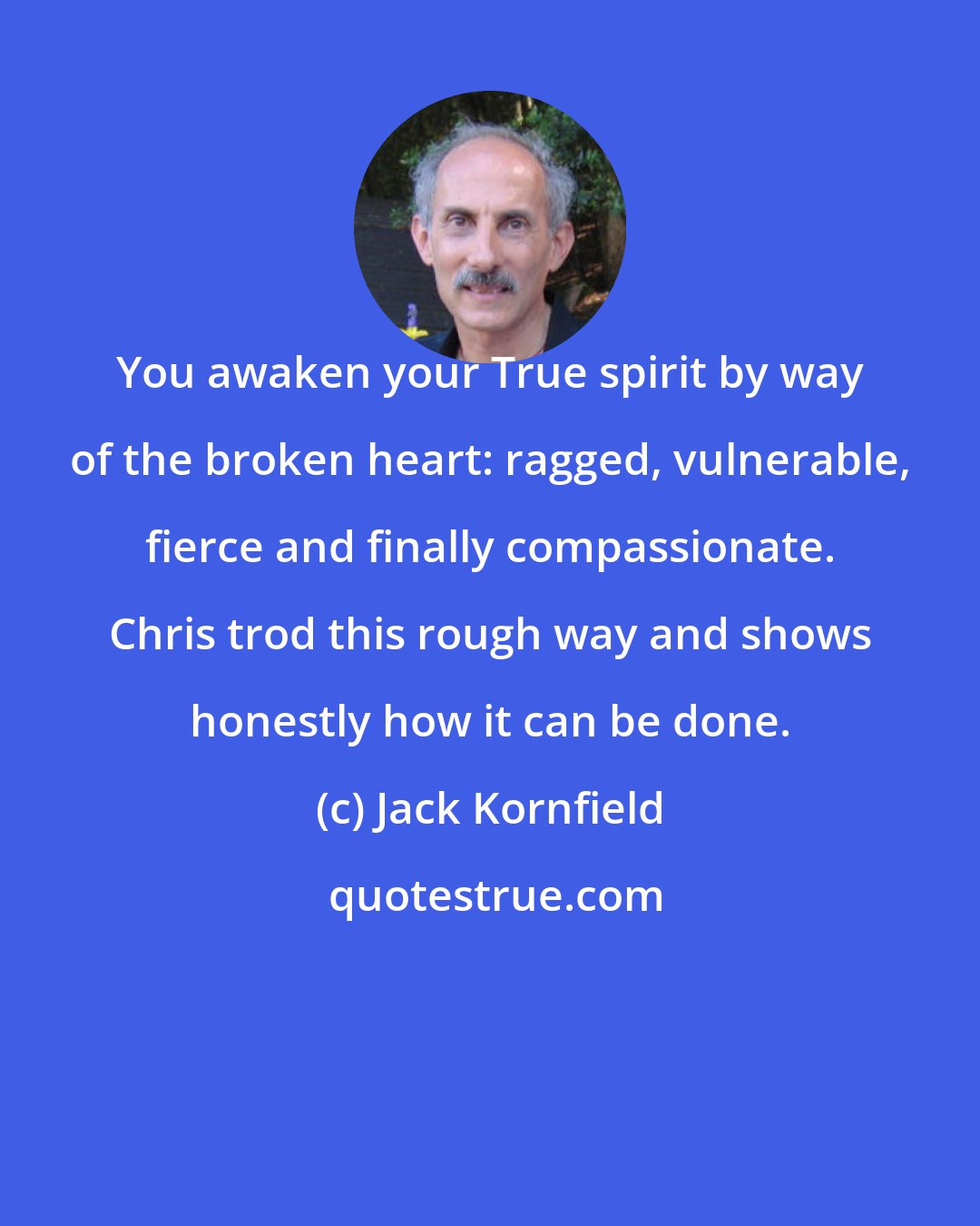 Jack Kornfield: You awaken your True spirit by way of the broken heart: ragged, vulnerable, fierce and finally compassionate. Chris trod this rough way and shows honestly how it can be done.