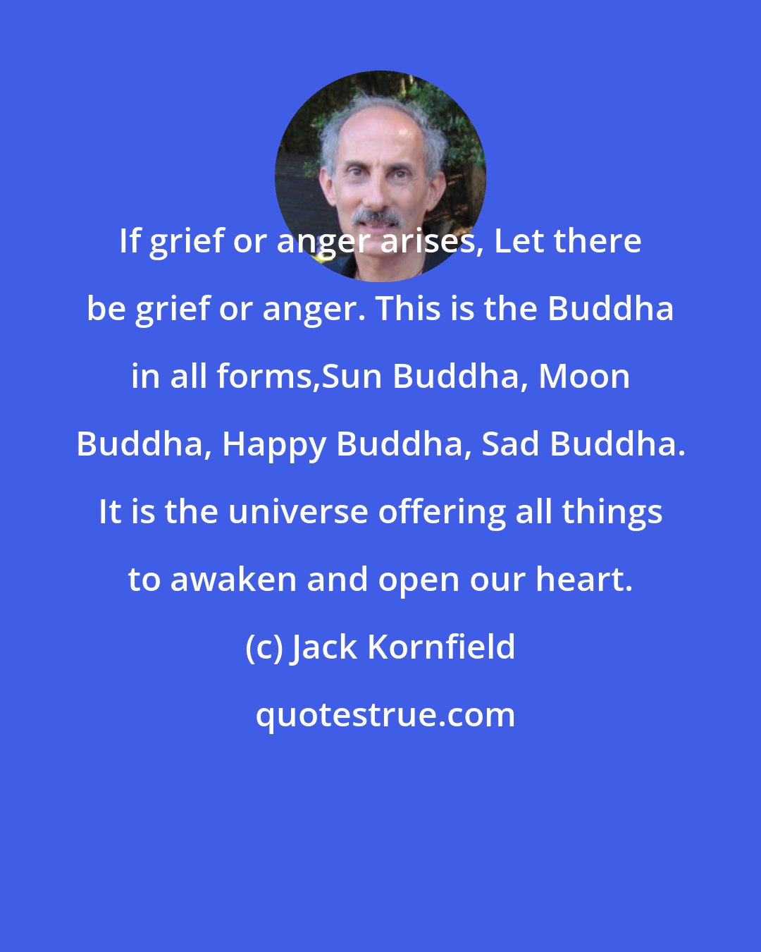 Jack Kornfield: If grief or anger arises, Let there be grief or anger. This is the Buddha in all forms,Sun Buddha, Moon Buddha, Happy Buddha, Sad Buddha. It is the universe offering all things to awaken and open our heart.