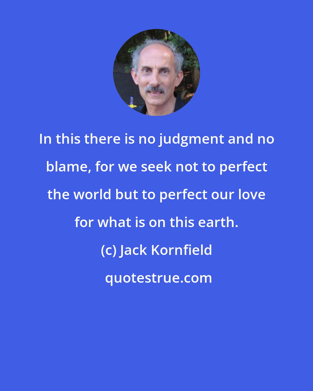 Jack Kornfield: In this there is no judgment and no blame, for we seek not to perfect the world but to perfect our love for what is on this earth.