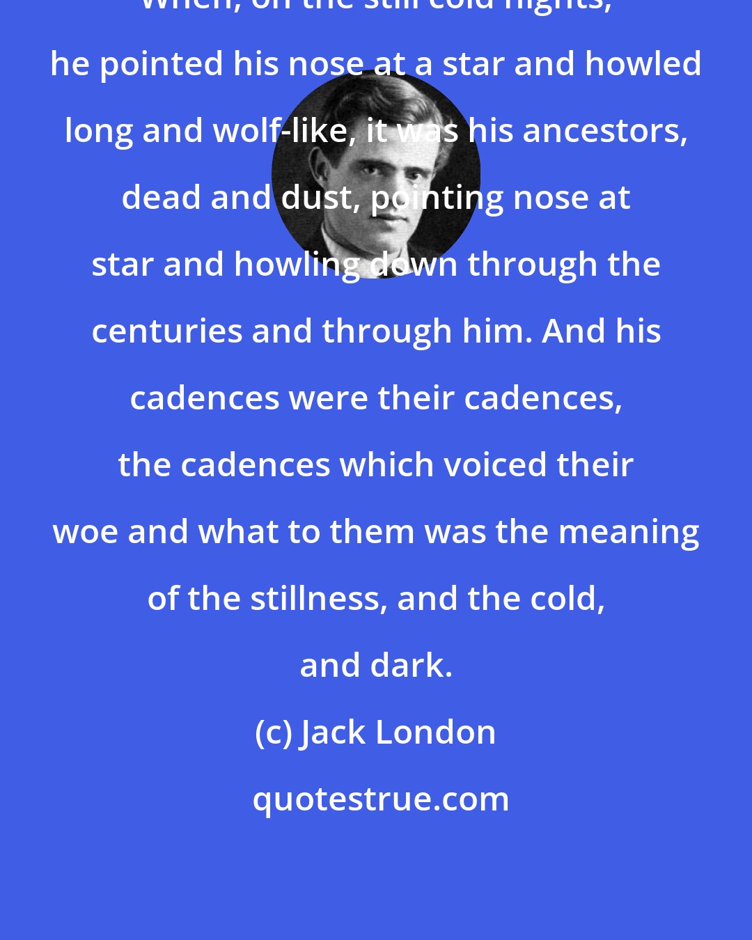 Jack London: When, on the still cold nights, he pointed his nose at a star and howled long and wolf-like, it was his ancestors, dead and dust, pointing nose at star and howling down through the centuries and through him. And his cadences were their cadences, the cadences which voiced their woe and what to them was the meaning of the stillness, and the cold, and dark.