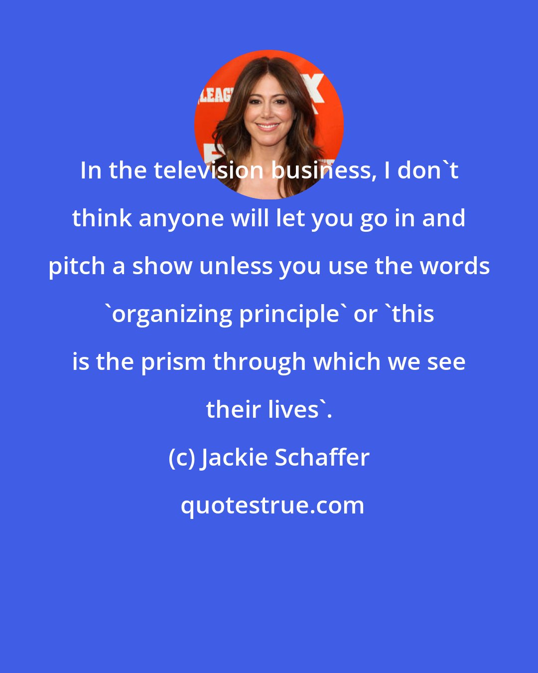 Jackie Schaffer: In the television business, I don't think anyone will let you go in and pitch a show unless you use the words 'organizing principle' or 'this is the prism through which we see their lives'.