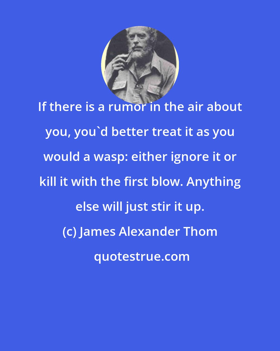 James Alexander Thom: If there is a rumor in the air about you, you'd better treat it as you would a wasp: either ignore it or kill it with the first blow. Anything else will just stir it up.