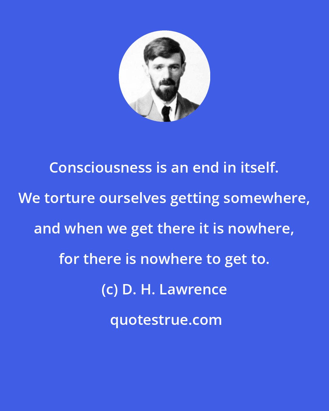 D. H. Lawrence: Consciousness is an end in itself. We torture ourselves getting somewhere, and when we get there it is nowhere, for there is nowhere to get to.