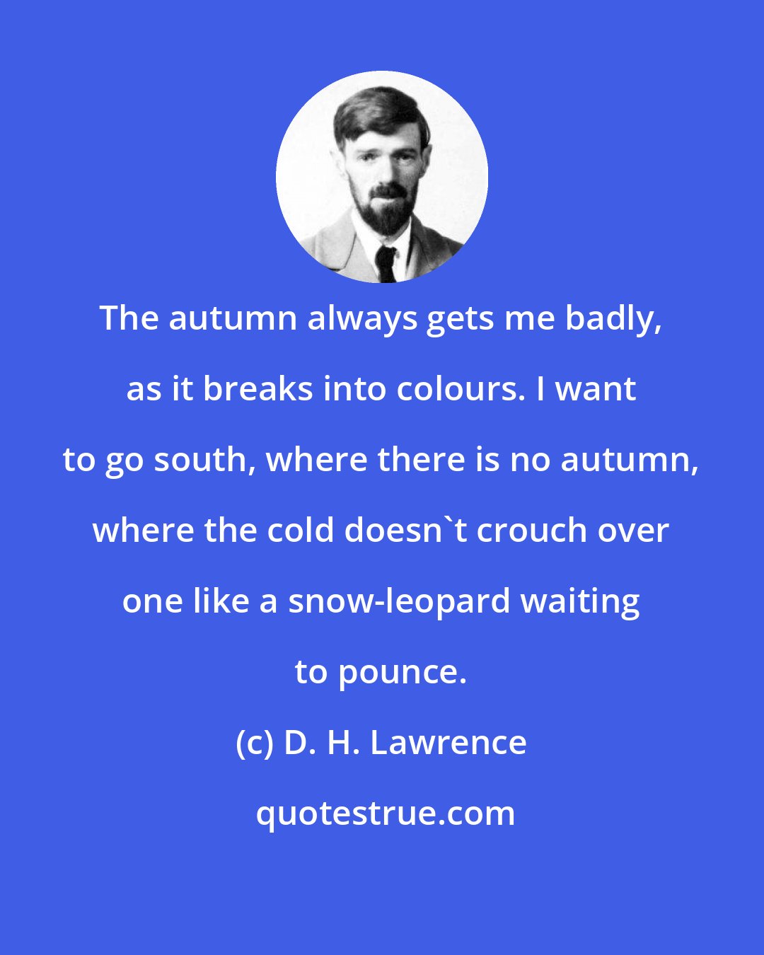 D. H. Lawrence: The autumn always gets me badly, as it breaks into colours. I want to go south, where there is no autumn, where the cold doesn't crouch over one like a snow-leopard waiting to pounce.