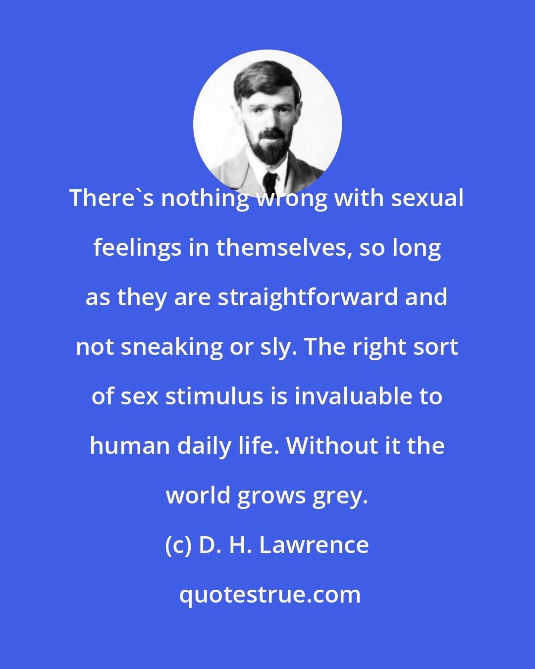 D. H. Lawrence: There's nothing wrong with sexual feelings in themselves, so long as they are straightforward and not sneaking or sly. The right sort of sex stimulus is invaluable to human daily life. Without it the world grows grey.