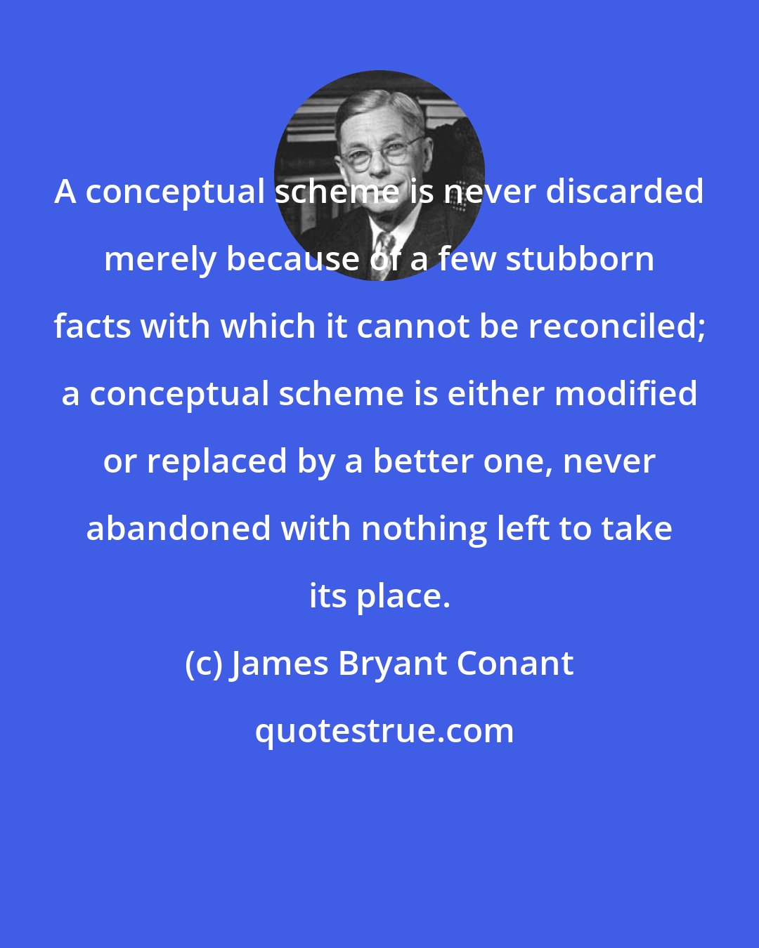 James Bryant Conant: A conceptual scheme is never discarded merely because of a few stubborn facts with which it cannot be reconciled; a conceptual scheme is either modified or replaced by a better one, never abandoned with nothing left to take its place.