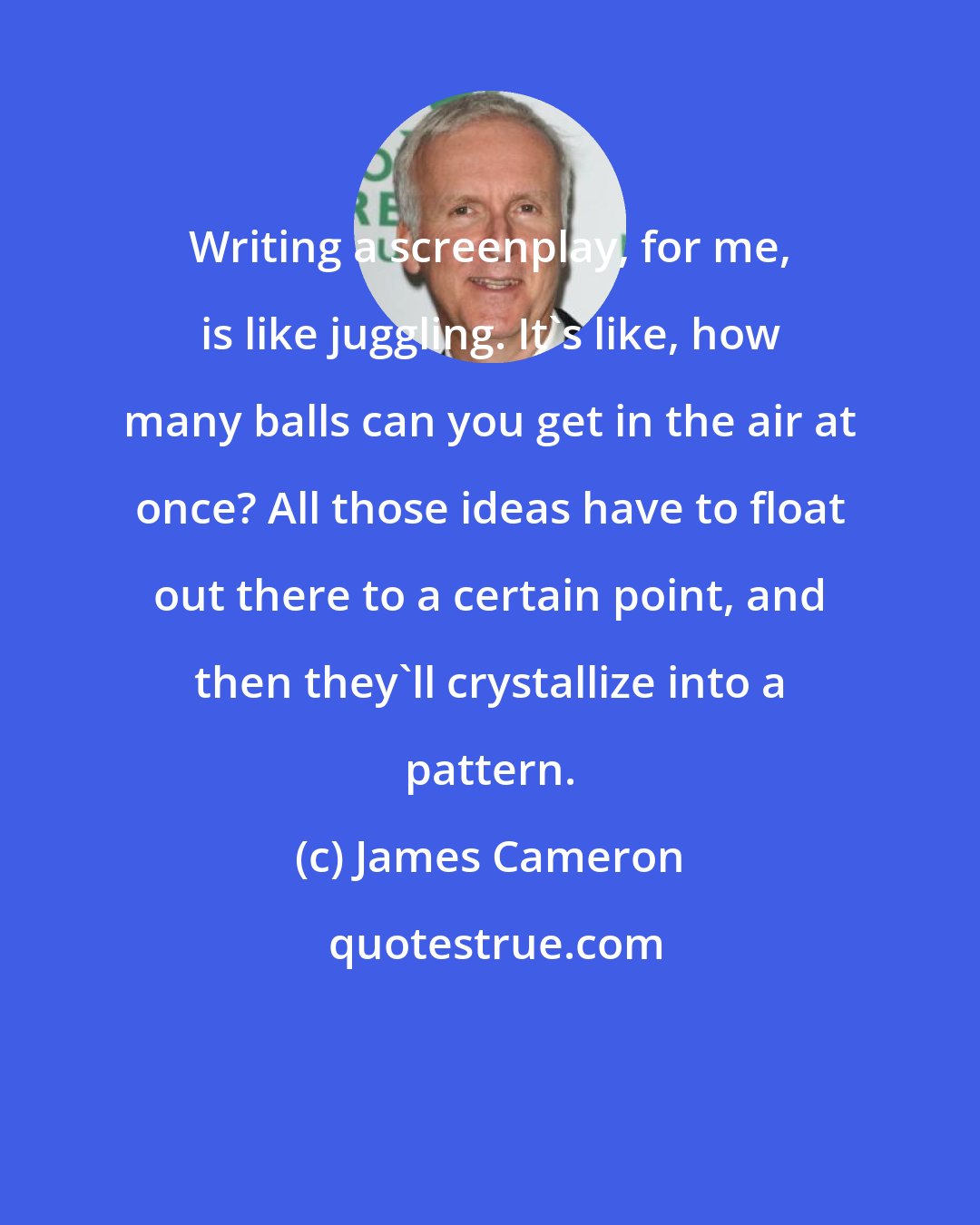 James Cameron: Writing a screenplay, for me, is like juggling. It's like, how many balls can you get in the air at once? All those ideas have to float out there to a certain point, and then they'll crystallize into a pattern.