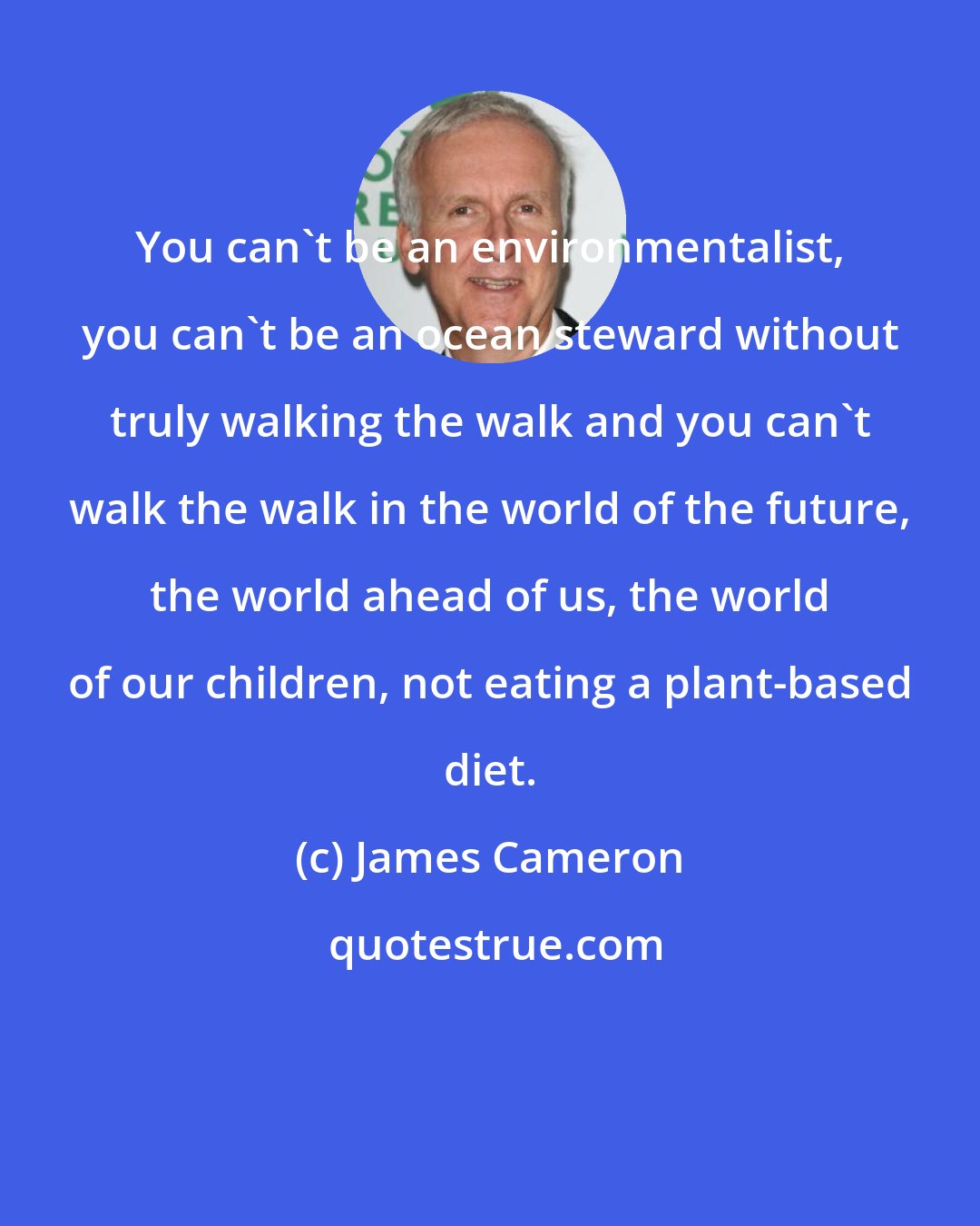 James Cameron: You can't be an environmentalist, you can't be an ocean steward without truly walking the walk and you can't walk the walk in the world of the future, the world ahead of us, the world of our children, not eating a plant-based diet.