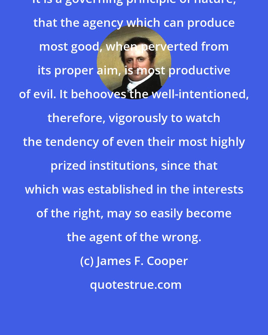 James F. Cooper: It is a governing principle of nature, that the agency which can produce most good, when perverted from its proper aim, is most productive of evil. It behooves the well-intentioned, therefore, vigorously to watch the tendency of even their most highly prized institutions, since that which was established in the interests of the right, may so easily become the agent of the wrong.