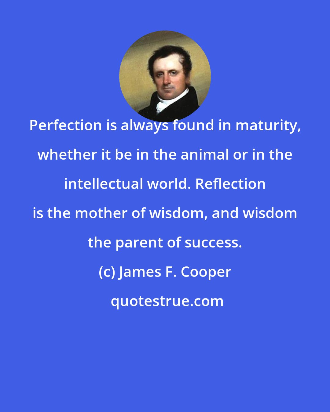 James F. Cooper: Perfection is always found in maturity, whether it be in the animal or in the intellectual world. Reflection is the mother of wisdom, and wisdom the parent of success.