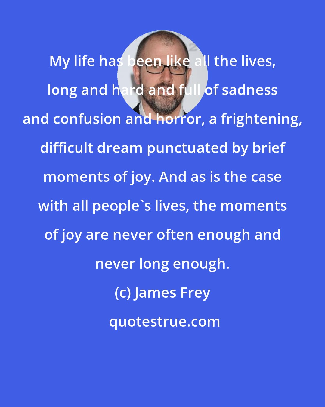 James Frey: My life has been like all the lives, long and hard and full of sadness and confusion and horror, a frightening, difficult dream punctuated by brief moments of joy. And as is the case with all people's lives, the moments of joy are never often enough and never long enough.