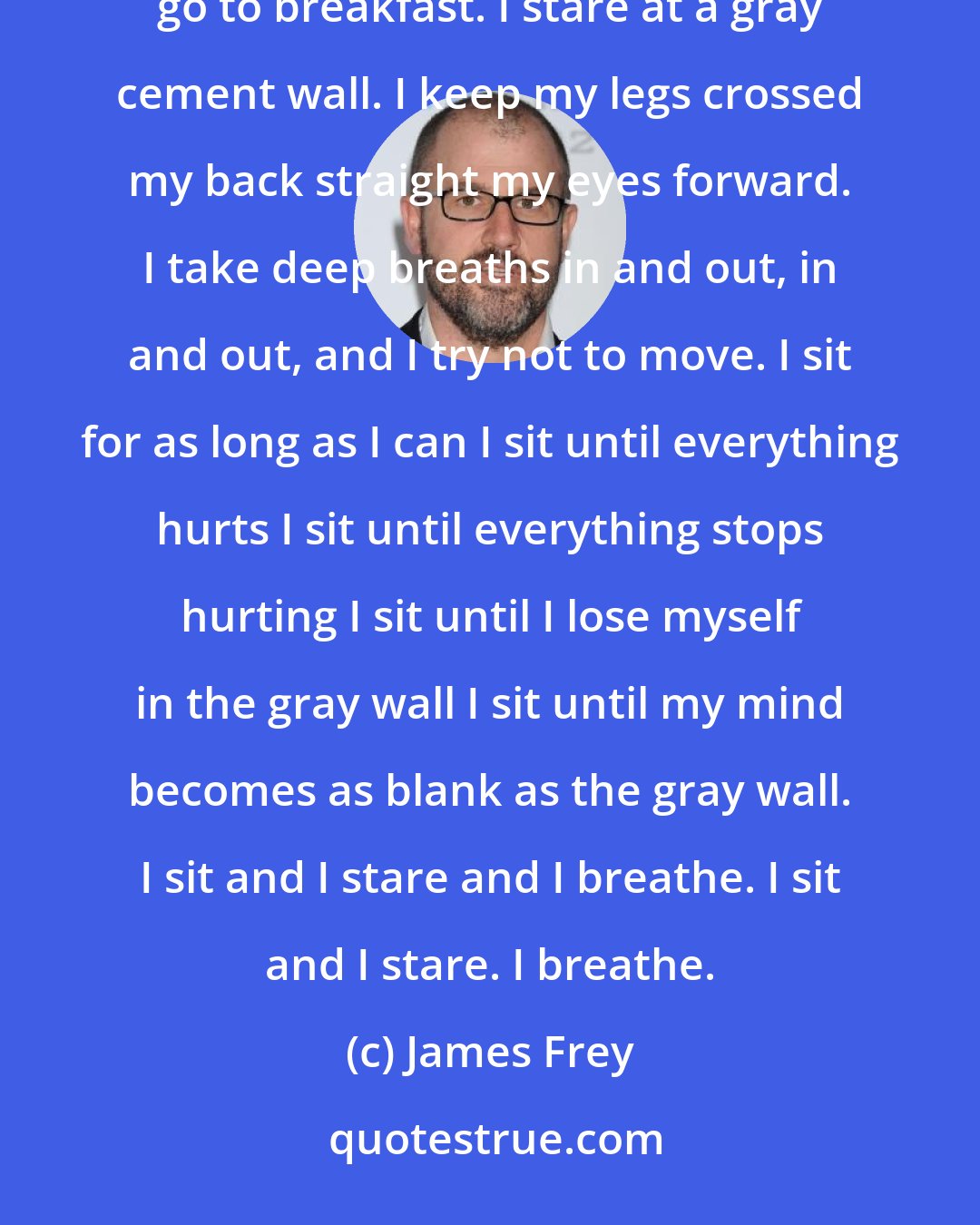 James Frey: My life is routine. I wake up early in the morning. I brush my teeth. I sit on the floor of the cell I do not go to breakfast. I stare at a gray cement wall. I keep my legs crossed my back straight my eyes forward. I take deep breaths in and out, in and out, and I try not to move. I sit for as long as I can I sit until everything hurts I sit until everything stops hurting I sit until I lose myself in the gray wall I sit until my mind becomes as blank as the gray wall. I sit and I stare and I breathe. I sit and I stare. I breathe.