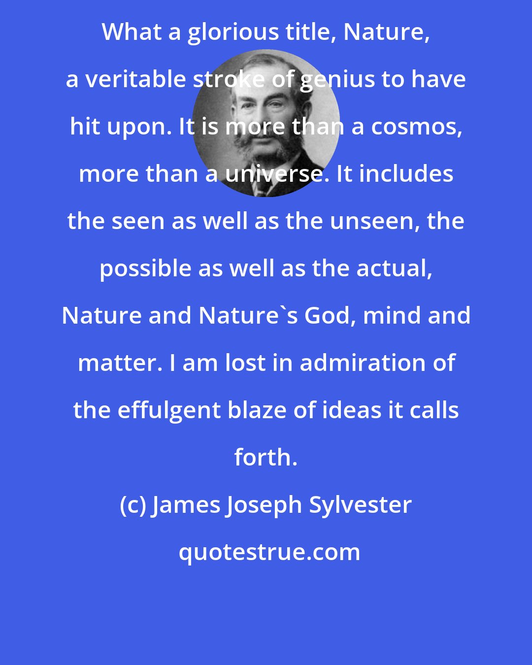 James Joseph Sylvester: What a glorious title, Nature, a veritable stroke of genius to have hit upon. It is more than a cosmos, more than a universe. It includes the seen as well as the unseen, the possible as well as the actual, Nature and Nature's God, mind and matter. I am lost in admiration of the effulgent blaze of ideas it calls forth.