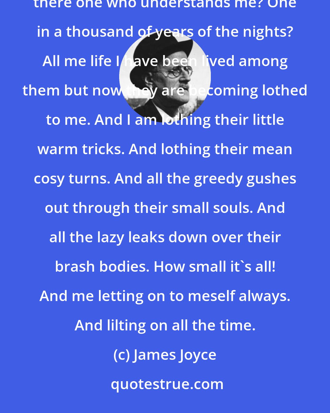 James Joyce: I done me best when I was let. Thinking always if I go all goes. A hundred cares, a tithe of troubles and is there one who understands me? One in a thousand of years of the nights? All me life I have been lived among them but now they are becoming lothed to me. And I am lothing their little warm tricks. And lothing their mean cosy turns. And all the greedy gushes out through their small souls. And all the lazy leaks down over their brash bodies. How small it's all! And me letting on to meself always. And lilting on all the time.