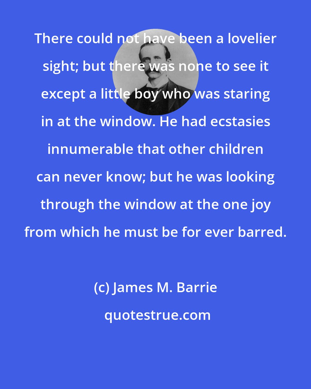 James M. Barrie: There could not have been a lovelier sight; but there was none to see it except a little boy who was staring in at the window. He had ecstasies innumerable that other children can never know; but he was looking through the window at the one joy from which he must be for ever barred.