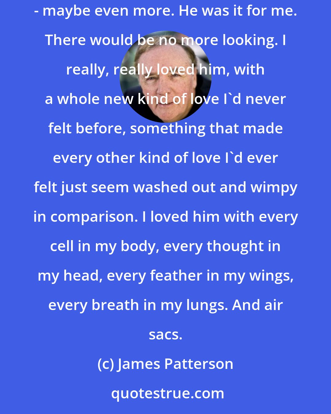 James Patterson: Oh, my God. It hit me like a tsunami then: how perfect he was for me, how he was everything I could possibly hope for, as a friend, boyfriend - maybe even more. He was it for me. There would be no more looking. I really, really loved him, with a whole new kind of love I'd never felt before, something that made every other kind of love I'd ever felt just seem washed out and wimpy in comparison. I loved him with every cell in my body, every thought in my head, every feather in my wings, every breath in my lungs. And air sacs.