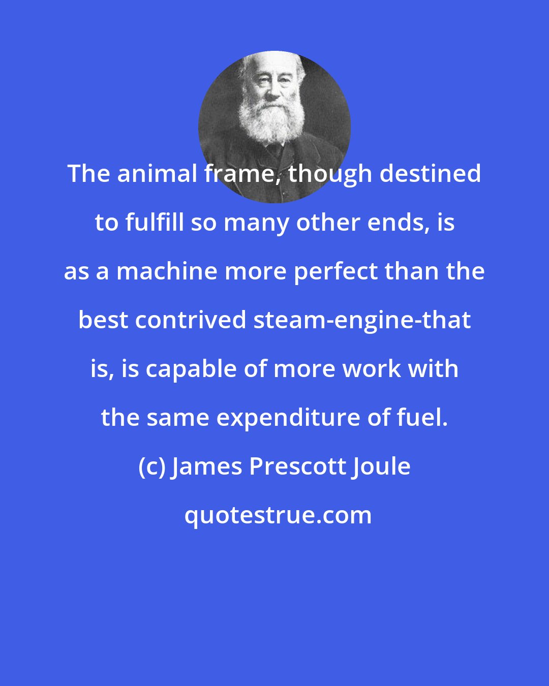 James Prescott Joule: The animal frame, though destined to fulfill so many other ends, is as a machine more perfect than the best contrived steam-engine-that is, is capable of more work with the same expenditure of fuel.