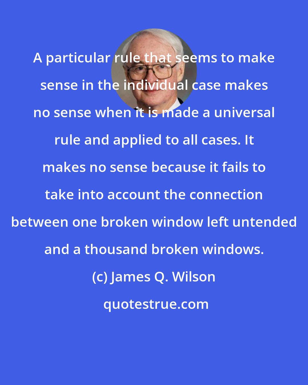 James Q. Wilson: A particular rule that seems to make sense in the individual case makes no sense when it is made a universal rule and applied to all cases. It makes no sense because it fails to take into account the connection between one broken window left untended and a thousand broken windows.