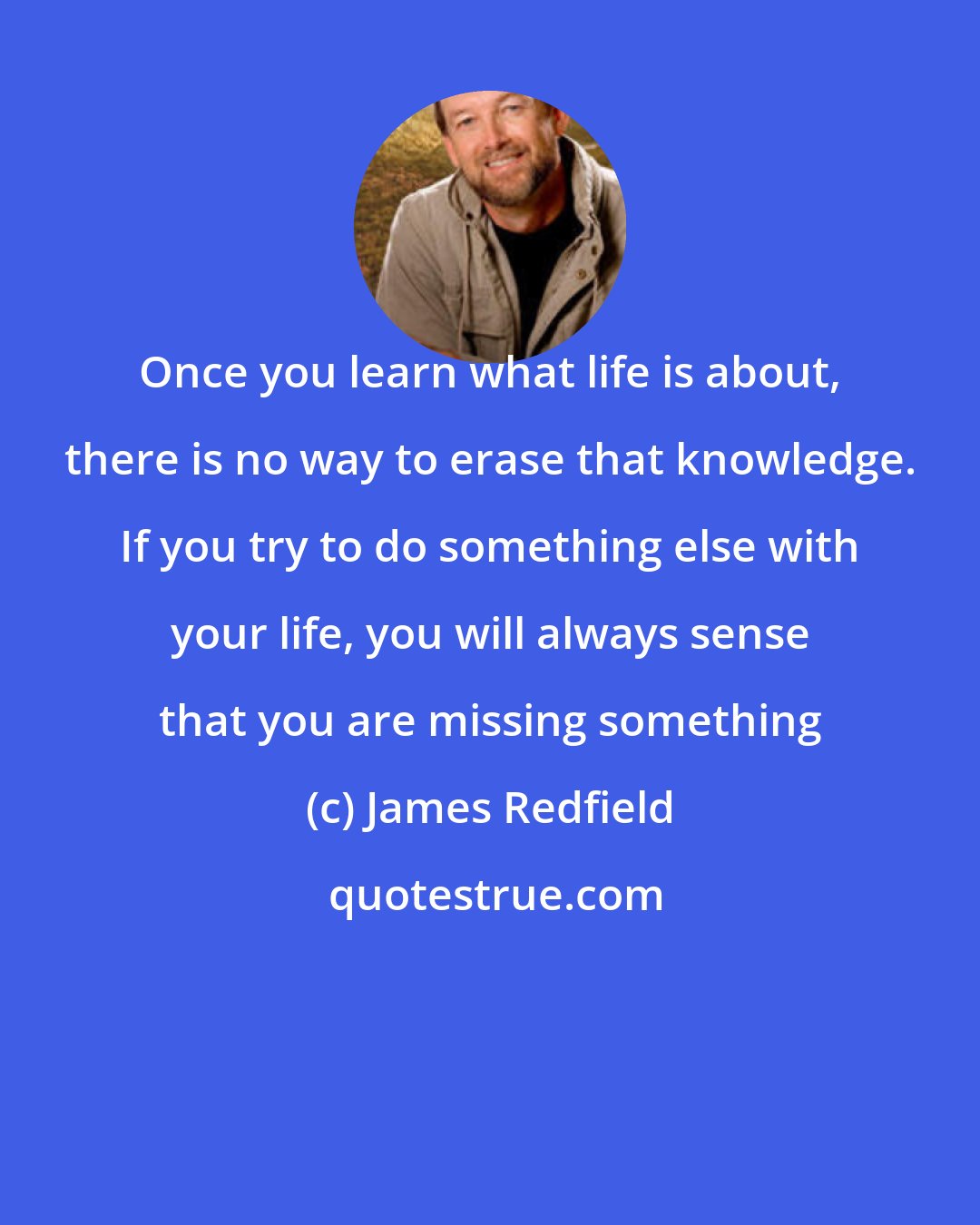 James Redfield: Once you learn what life is about, there is no way to erase that knowledge. If you try to do something else with your life, you will always sense that you are missing something