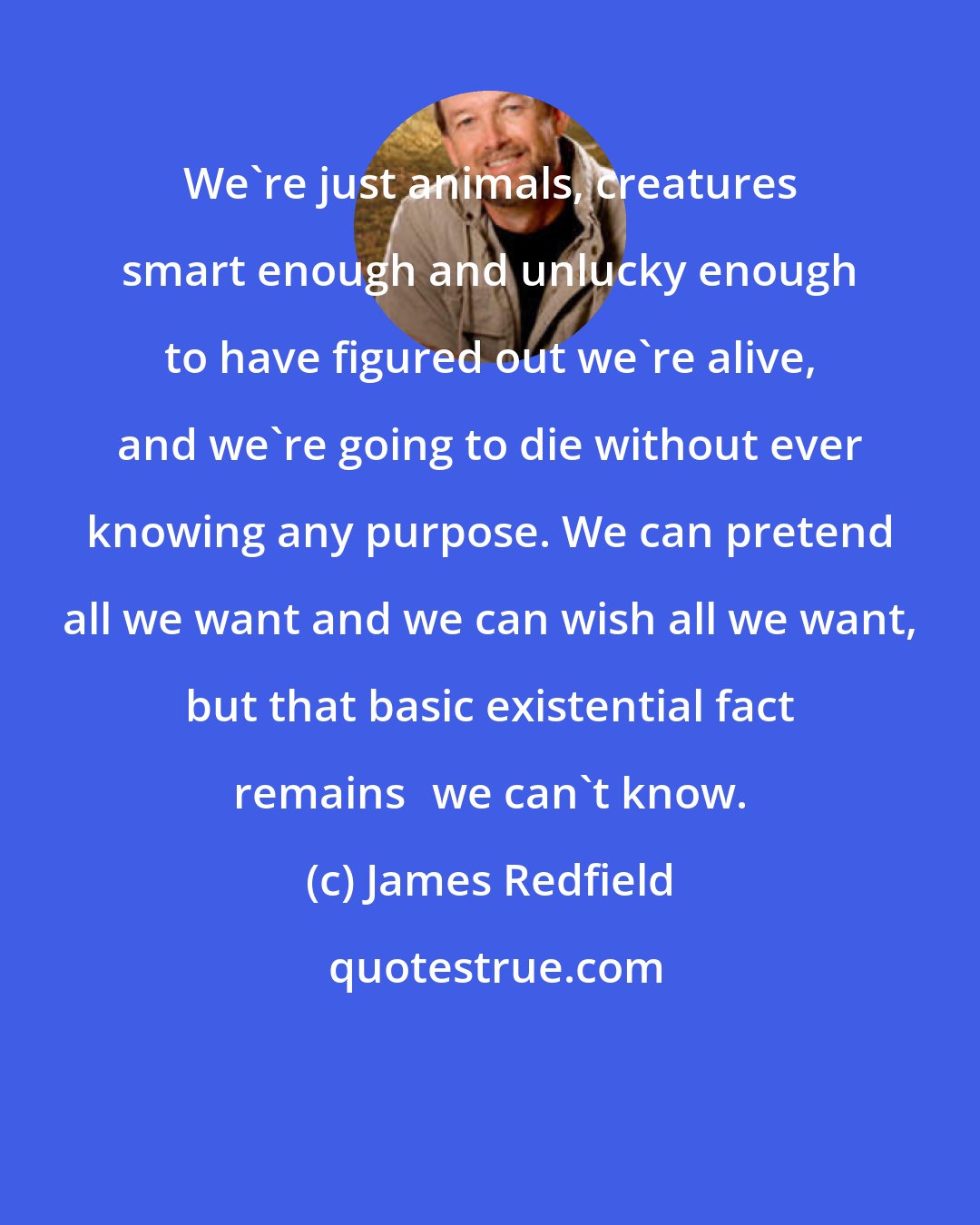 James Redfield: We're just animals, creatures smart enough and unlucky enough to have figured out we're alive, and we're going to die without ever knowing any purpose. We can pretend all we want and we can wish all we want, but that basic existential fact remainswe can't know.